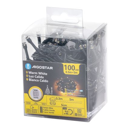 Aigostar - LED външен гирлянд 100xLED/8 режима 3xAA 5,3 m IP44 топла бяла