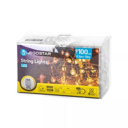 Aigostar - LED външна коледна гирлянда 100xLED/3xAA/8 режима 10,3 m IP44 топла бяла светлина