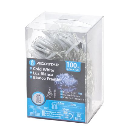 Aigostar - LED външен гирлянд 100xLED/8 режима/3xAA 10,3m IP44 студено бяло