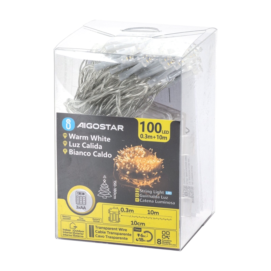 Aigostar -LED външен гирлянд 100xLED/8 функции 3xAA 10,3m IP44 топла бяла