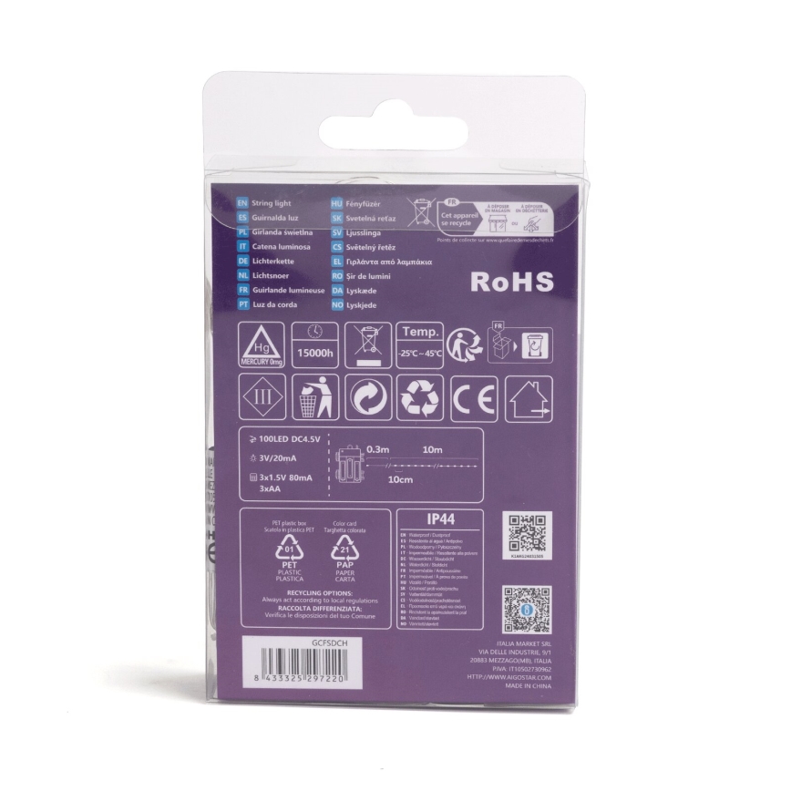 Aigostar -LED Външен  гирлянд 100xLED/8 функции 3xAA 10,3m IP44 топло бяло