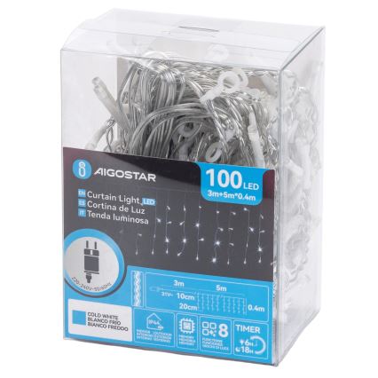 Aigostar - LED външен гирлянд 100xLED/8 функции 5x0,4m IP44 студено бяло