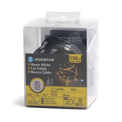 Aigostar - LED външен гирлянд 150xLED/8 функции 3xAA 15,3m IP44 топла бяла светлина