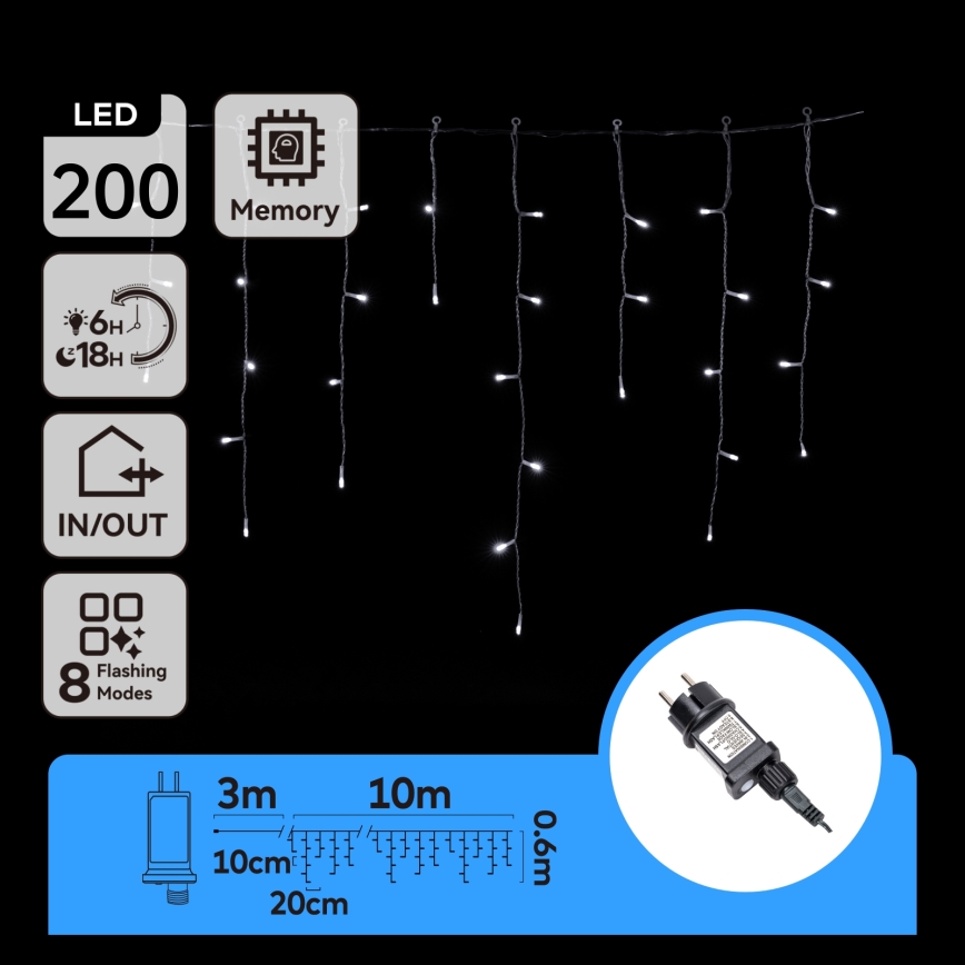 Aigostar - LED външен гирлянд 200 x LED / 8 функции, 13 x 0,6 m, IP44, студено бяло
