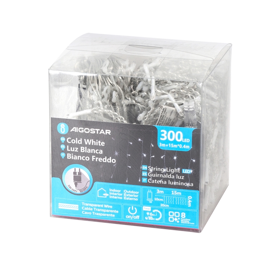 Aigostar - LED Външна  гирлянда 300xLED/8 режима 15x0,4 m IP44 студено бяло