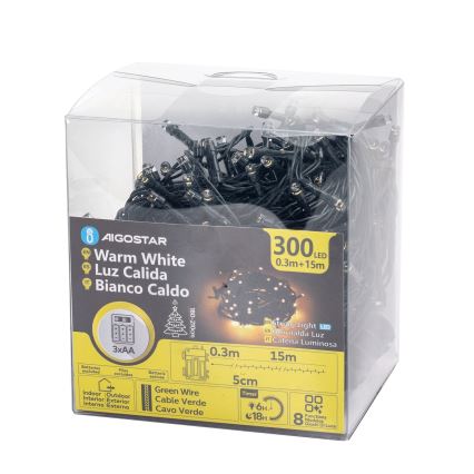 Aigostar-LED Външен гирлянд 300xLED/8 режима 3xAA 15,3m IP44 топла бяла