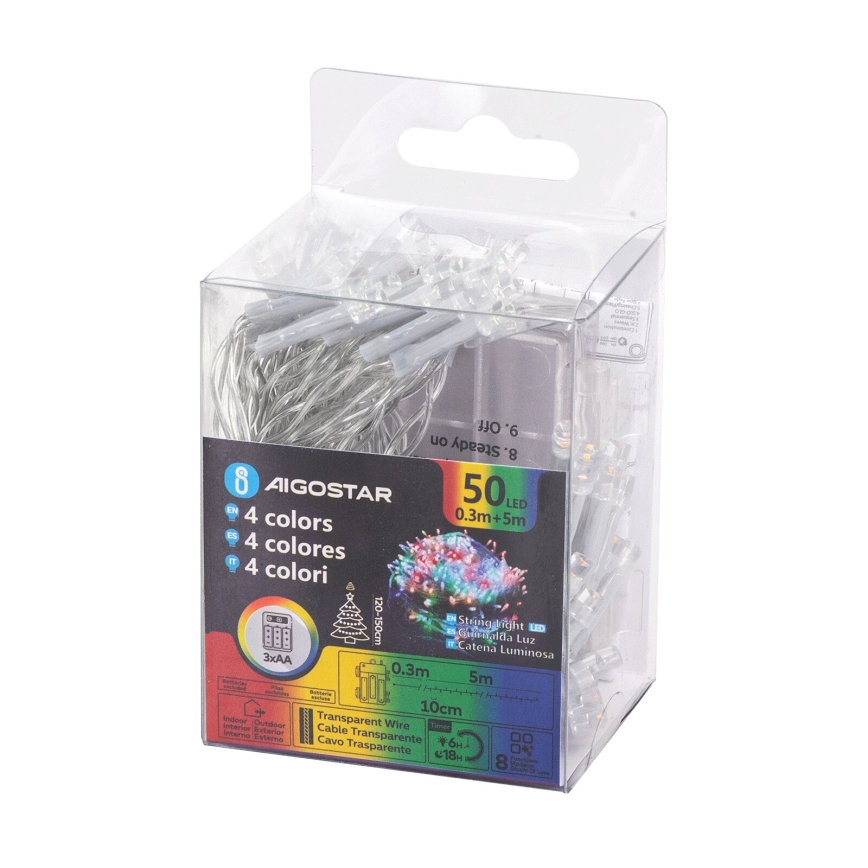 Aigostar - LED Външен  гирлянд 50xLED/8 функции 3xAA 5,3m IP44 многоцветен