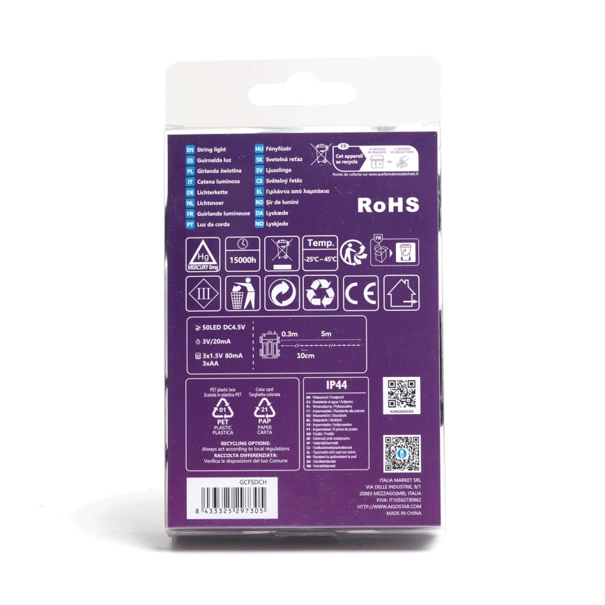 Aigostar - LED Външен  гирлянд 50xLED/8 функции 3xAA 5,3m IP44 топла бяла светлина