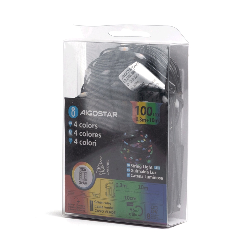Aigostar-LED Външна коледна верига 100xLED/8 функции 3xAA 10,3м IP44 многоцветна