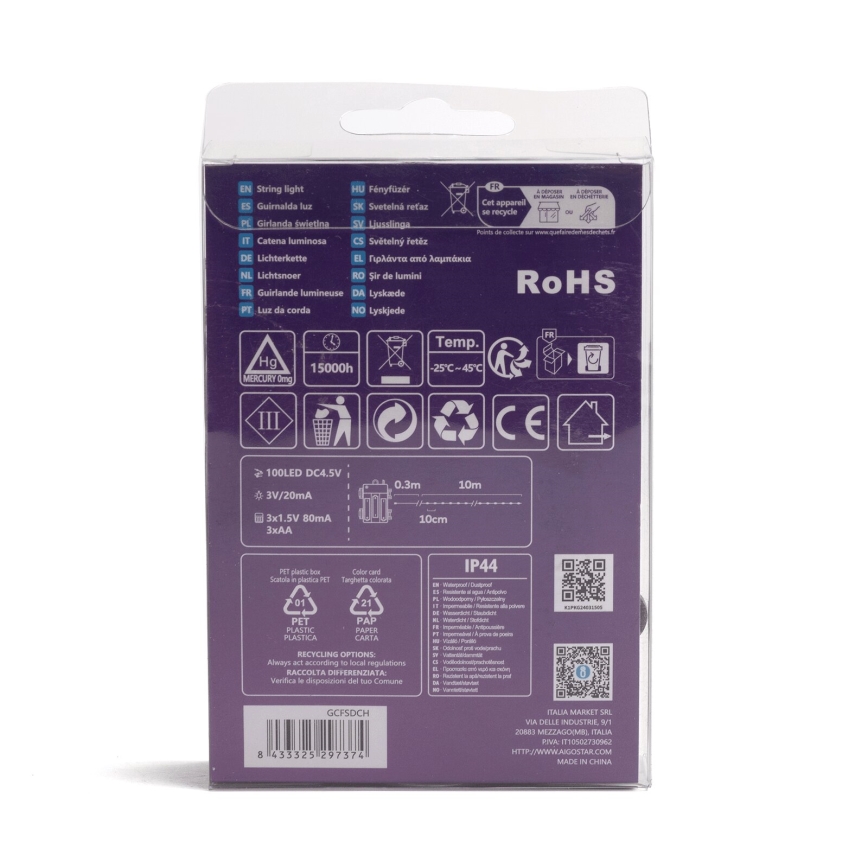 Aigostar-LED Външна коледна верига 100xLED/8 функции 3xAA 10,3м IP44 многоцветна