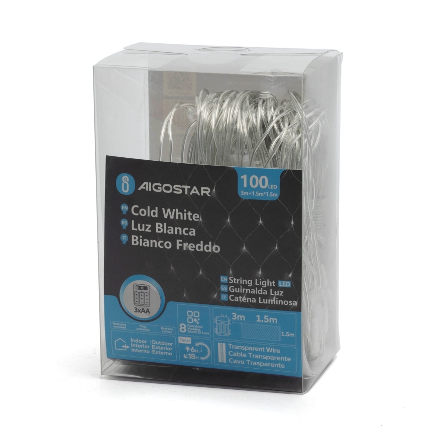 Aigostar - LED Външна коледна верига 100xLED/8 функции/3xAA 4,5x1,5м IP44 студено бяло