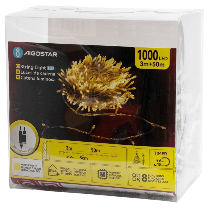 Aigostar - LED външна коледна верига 1000xLED/8 функции 50m IP44 топла бяла