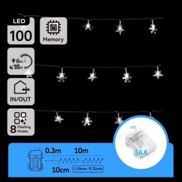 Aigostar - LED Външен коледен гирлянд 100xLED/8 функции 3xAA 10 m IP44 студено бяло