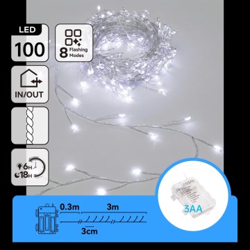 Aigostar - LED външен коледен гирлянд 100xLED/8 функции 3xAA 3,3m IP44 студено бяло