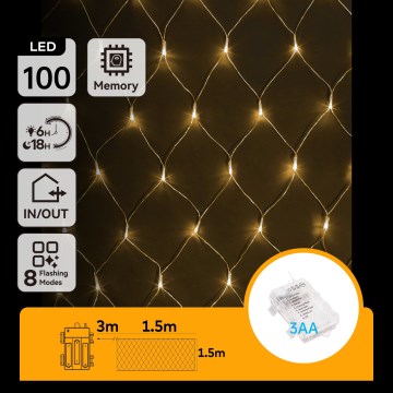 Aigostar - LED външен коледен гирлянд 100xLED/8 функции/3xAA 4,5x1,5m IP44 топло бяло