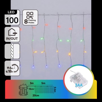 Aigostar-LED Външен коледен гирлянд 100xLED/8 функции 3xAA 8x0,4m IP44 многоцветен