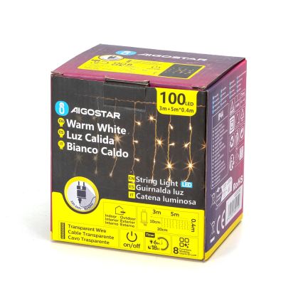 Aigostar - LED външен коледен гирлянд 100xLED/8 функции 8x0,4m IP44 топла бяла