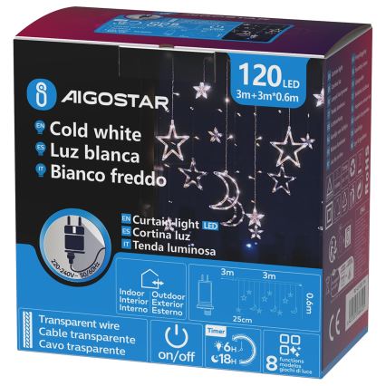 Aigostar - LED външна коледна гирлянда 120xLED/6W/230V/8 режима 3x0,6m IP44 студено бяло + с дистанционно управление