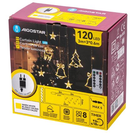 Aigostar - LED външен коледен гирлянд 120xLED/8 функции 3x0,6m IP44 топла бяла + дистанционно управление