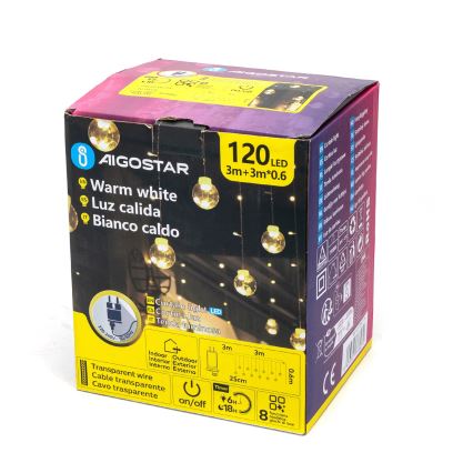 Aigostar - LED външна коледна гирлянда 120xLED/8 функции 3x0,6m IP44 топло бяло + дистанционно управление