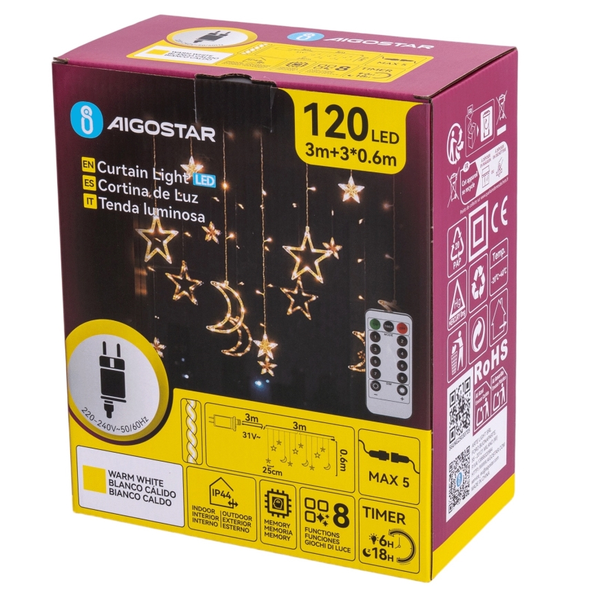 Aigostar - LED външен коледен гирлянд 120xLED/6W/230V/8 режима 3x0,6m IP44 топла бяла светлина + дистанционно управление
