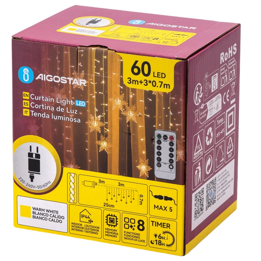 Aigostar - LED външна коледна гирлянда 120xLED/8 режима 3x0,7m IP44 топла бяла + дистанционно управление