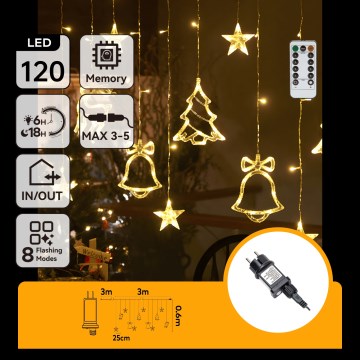 Aigostar - LED външен коледен гирлянд 120xLED/8 функции 3x0,6m IP44 топла бяла + дистанционно управление