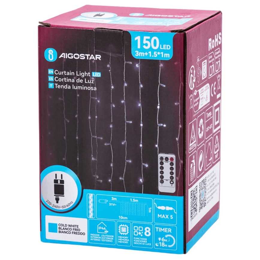 Aigostar - LED Външна коледна гирлянда 150xLED/6W/230V/8 функции 1,5x1m IP44 студено бяло + дистанционно управление