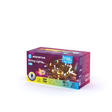 Aigostar - LED Външна коледна верига 150xLED/8 функции 18m IP44 топло бяло/студено бяло