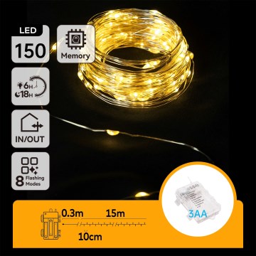 Aigostar -LED външен коледен гирлянд 150xLED/8 функции 3xAA 15,3m IP44 топло бяло