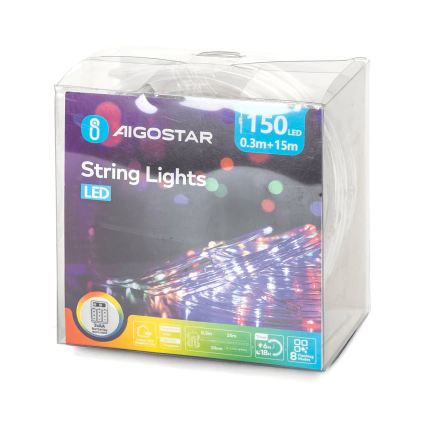Aigostar - LED Външен коледен гирлянд 150xLED/8 функции 3xAA 15,3m IP44 многоцветен