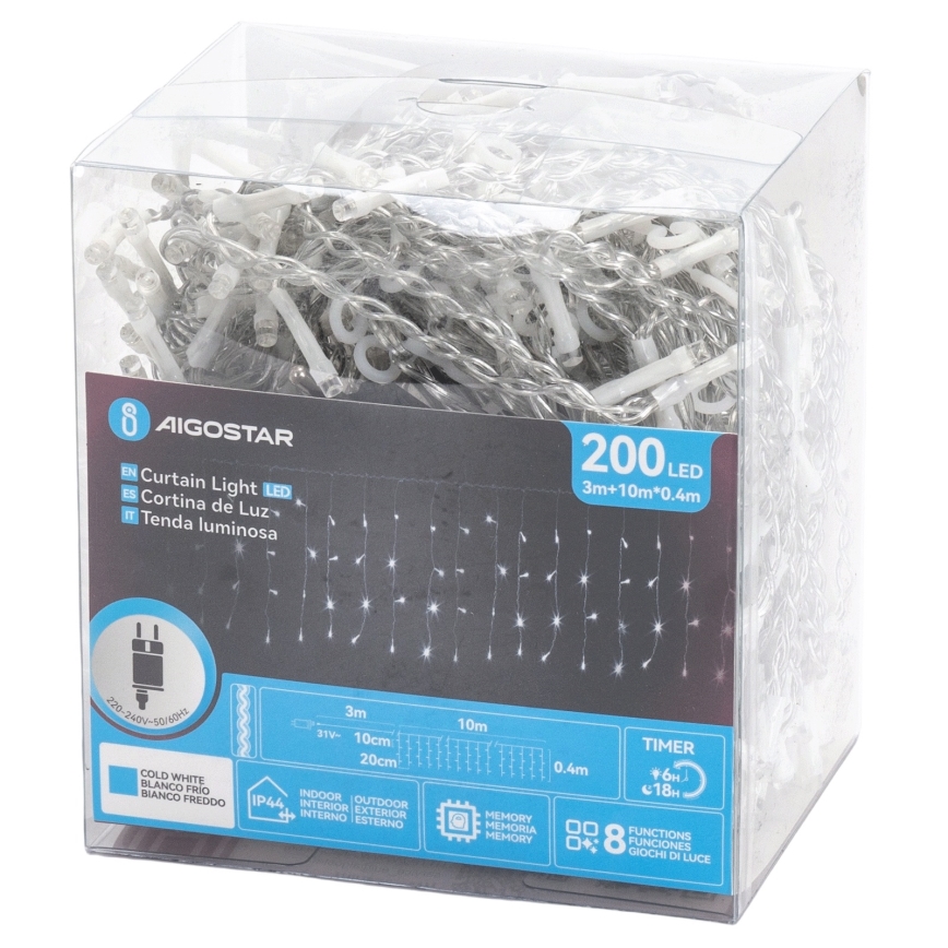Aigostar - LED външен коледен гирлянд 200xLED/3,6W/230V/8 функции 10x0,4m IP44 студено бяло