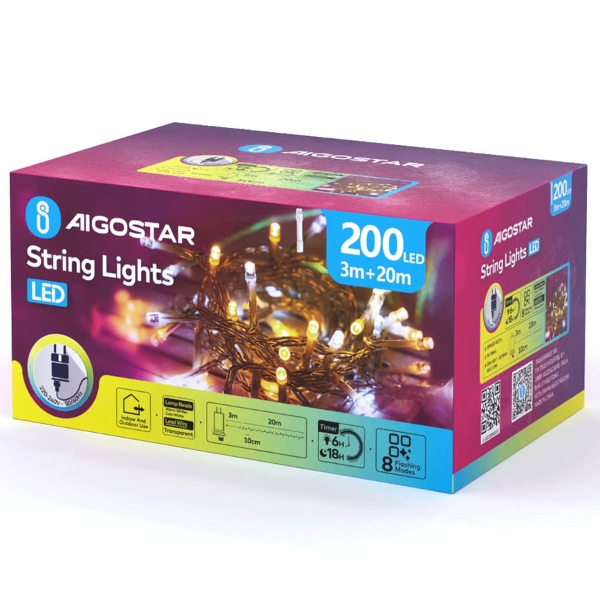 Aigostar - LED външна коледна верига 200xLED/8 функции, 23 м, IP44, топла бяла/студена бяла светлина