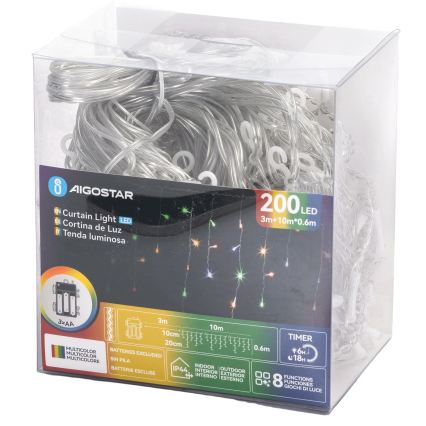 Aigostar - LED външна коледна гирлянда, 200 LED, 8 режима, захранване 3 x AA, 13 x 0,6 m, IP44, многоцветна