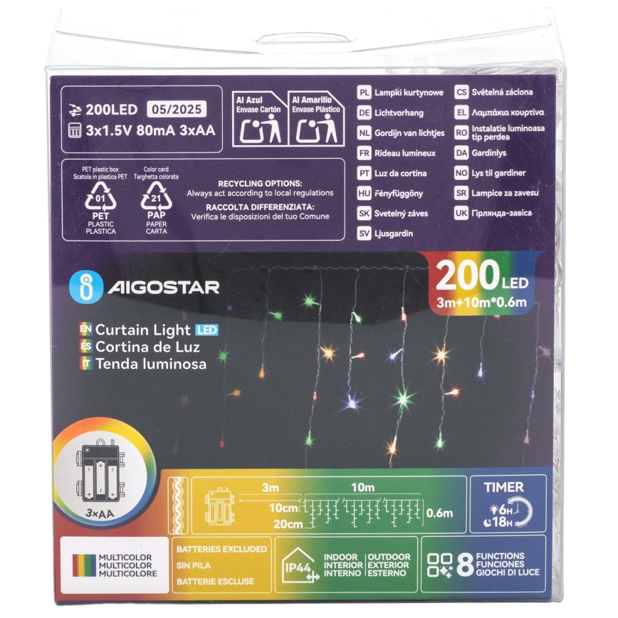 Aigostar - LED външна коледна гирлянда, 200 LED, 8 режима, захранване 3 x AA, 13 x 0,6 m, IP44, многоцветна