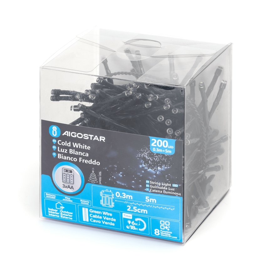 Aigostar - LED външна коледна гирлянда 200xLED/8 функции 3xAA 5,3 m IP44 студено бяло