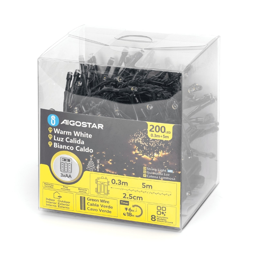 Aigostar - LED външен коледен гирлянд 200xLED/8 функции 3xAA 5,3m IP44 топла бяла
