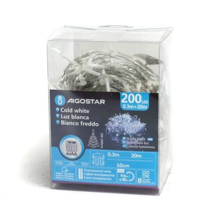 Aigostar - LED Външен коледен гирлянд 200xLED/8 функции 4xAA 20m IP44 студено бяло