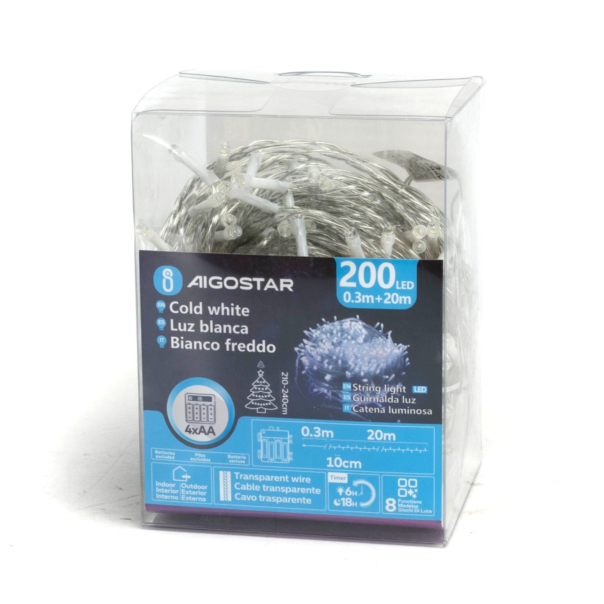 Aigostar - LED Външен коледен гирлянд 200xLED/8 функции 4xAA 20m IP44 студено бяло
