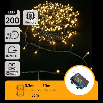 Aigostar - LED външен коледен гирлянд 200xLED/8 режима 3xAA 10,3m IP44 топла бяла