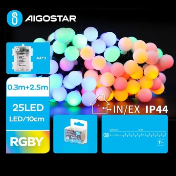 Aigostar - LED външен коледен гирлянд 25xLED/3xAA/8 функции 2,8 m IP44 многоцветен