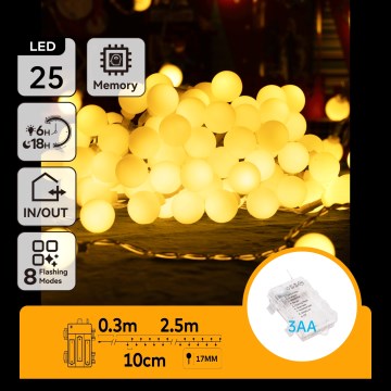Aigostar-LED Външен коледен гирлянд 25xLED/3xAA/8 функции 2,8 m IP44 топла бяла светлина