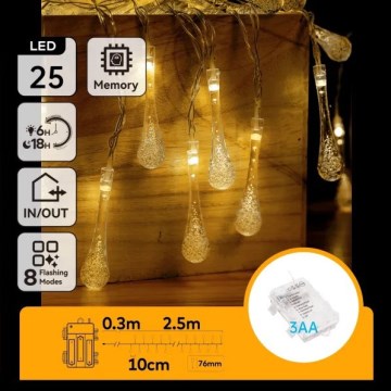 Aigostar - LED външен коледен гирлянд 25xLED/8 функции 3xAA 2,5 m IP44 топла бяла капки