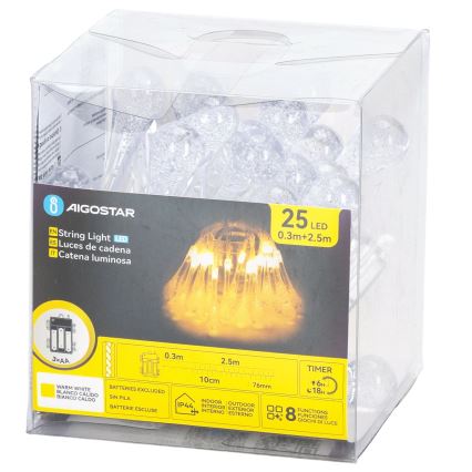 Aigostar - LED външна гирлянда, 25 LED диода / 8 функции, 3 x AA, 2,5 m, IP44, топла бяла светлина, капковидни лампички
