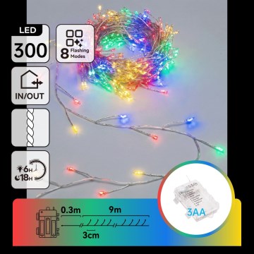Aigostar - LED външен коледен гирлянд 300 LED / 8 функции 3xAA 9,3 m IP44 многоцветен