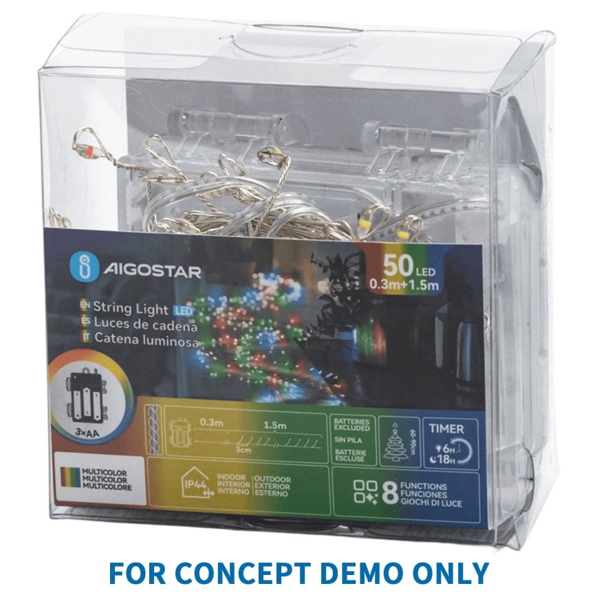 Aigostar - LED външен коледен гирлянд 300 LED / 8 функции 3xAA 9,3 m IP44 многоцветен