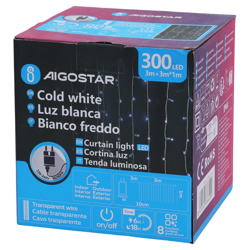 Aigostar - Външна коледна LED гирлянда 300 LED / 8 режима, 3 x 1 m, IP44, студено бяло + дистанционно управление