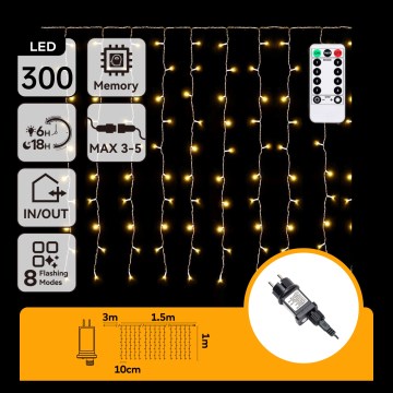 Aigostar - LED външен коледен гирлянд 300xLED/8 функции 3x1m IP44 топла бяла + дистанционно управление