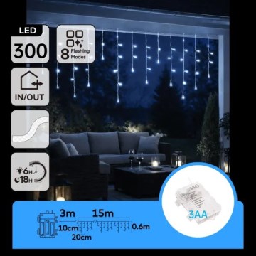 Aigostar - LED външен коледен гирлянд 300xLED/8 функции 3xAA 18x0,6 m IP44 студено бяло