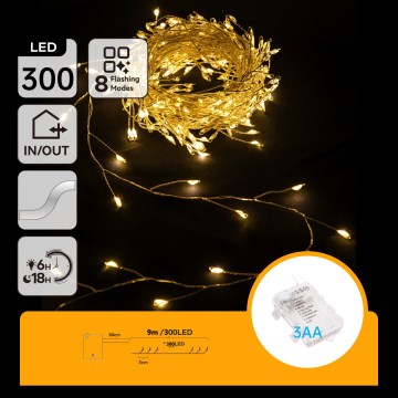 Aigostar - LED външен коледен гирлянд 300xLED/8 функции 3xAA 9,3m IP44 топла бяла светлина
